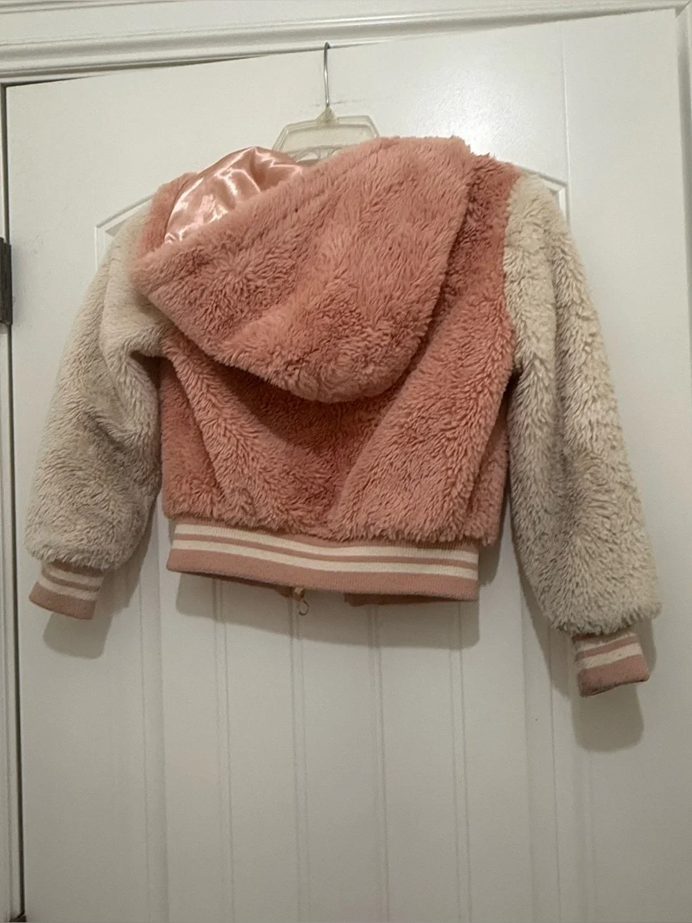 Urban Republic Pink Cream Faux Fur Hooded Varsity Jacket Coat - Kids Girls 6X